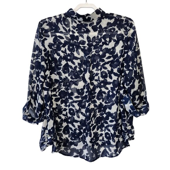 Madison Paige Women's XL Sheer Roll Tab Sleeve Top Navy White Office Travel - Picture 4 of 13